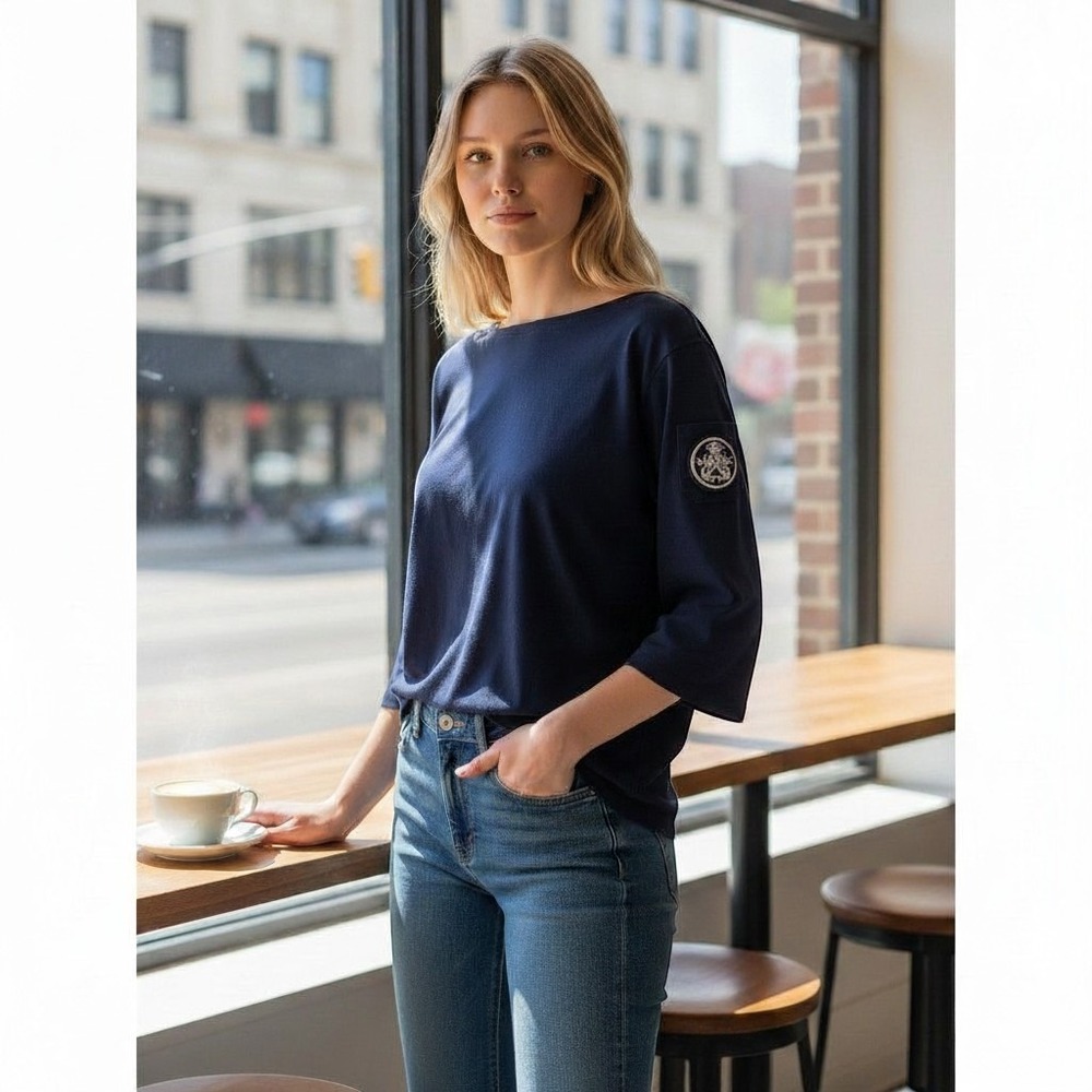 Ralph Lauren Navy Blue Boat Neck Knit Top Bullion Crest Patch Navy Medium
